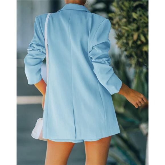 Women's Blazer Short Suit Set | Long Sleeve Open Front Jacket & Solid Pants - Picture 5 of 7